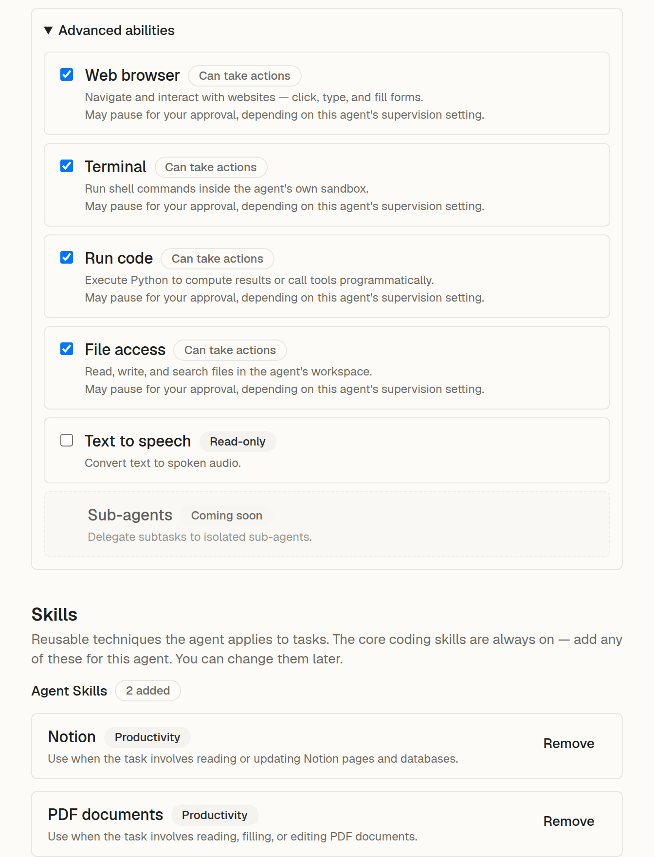 The agent builder’s Tools and Skills sections, showing four built-in abilities turned on and two added skills, Notion and PDF documents.