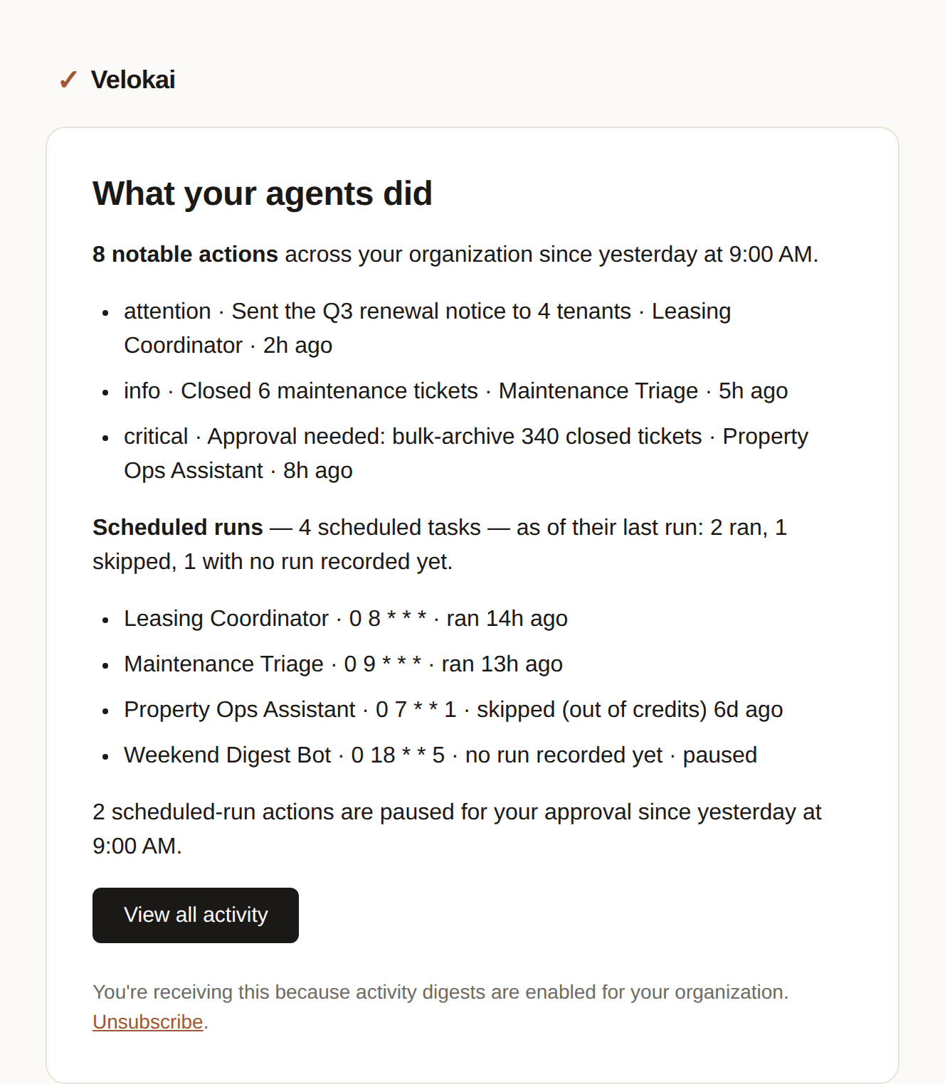 The activity digest email with a Scheduled runs section listing four schedules by outcome and two actions paused for approval.