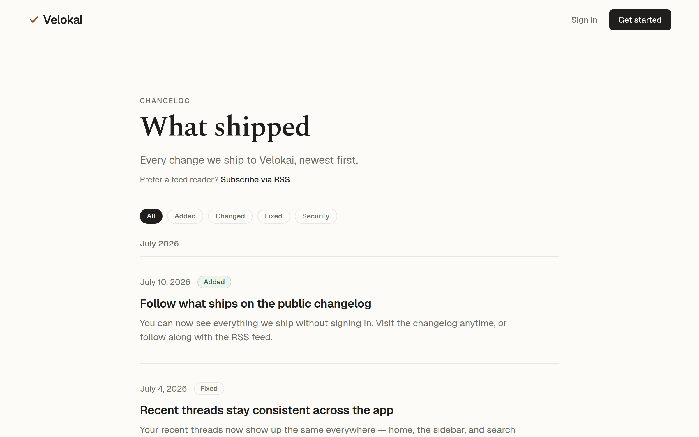 The public changelog page, showing the page header and the two newest entries with category badges and dates.